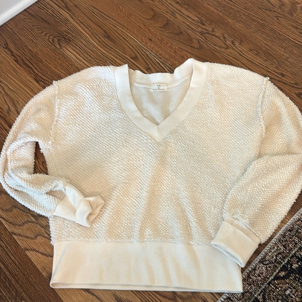 Anthropologie T.La Cream V Neck Textured Sweatshirt - XS
